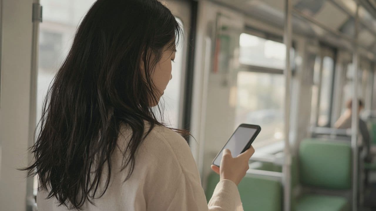 Illustrative photo: a person reading a phone on a train