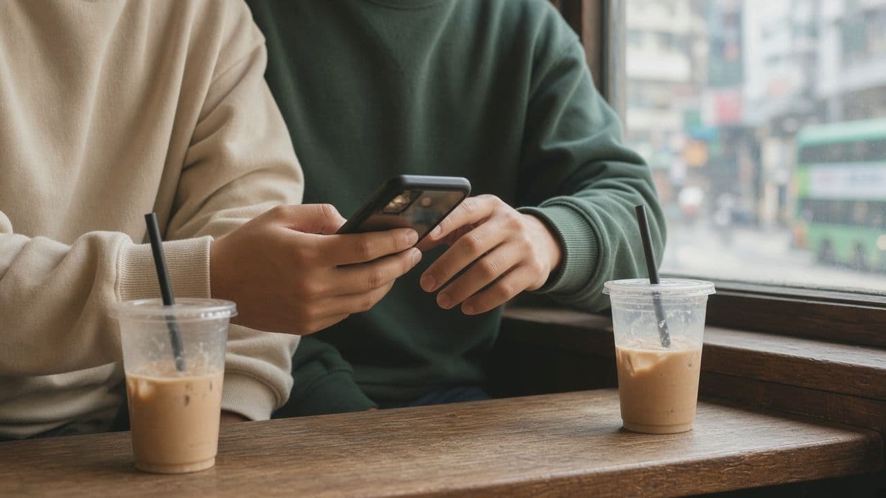 Illustrative photo: two friends looking at a phone in a café